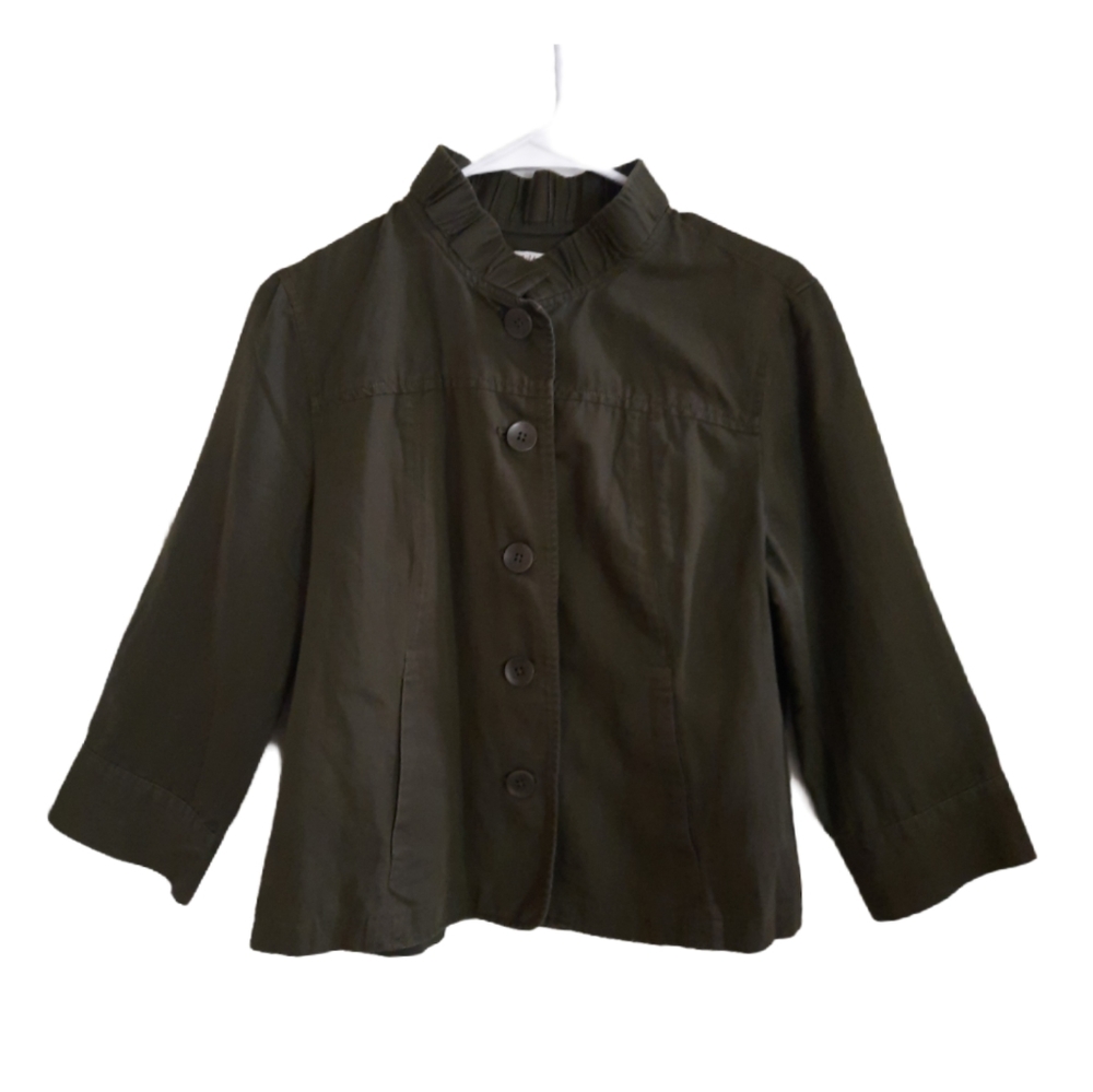 COLDWATER CREEK Olive Green Ruffle Collar Jacket